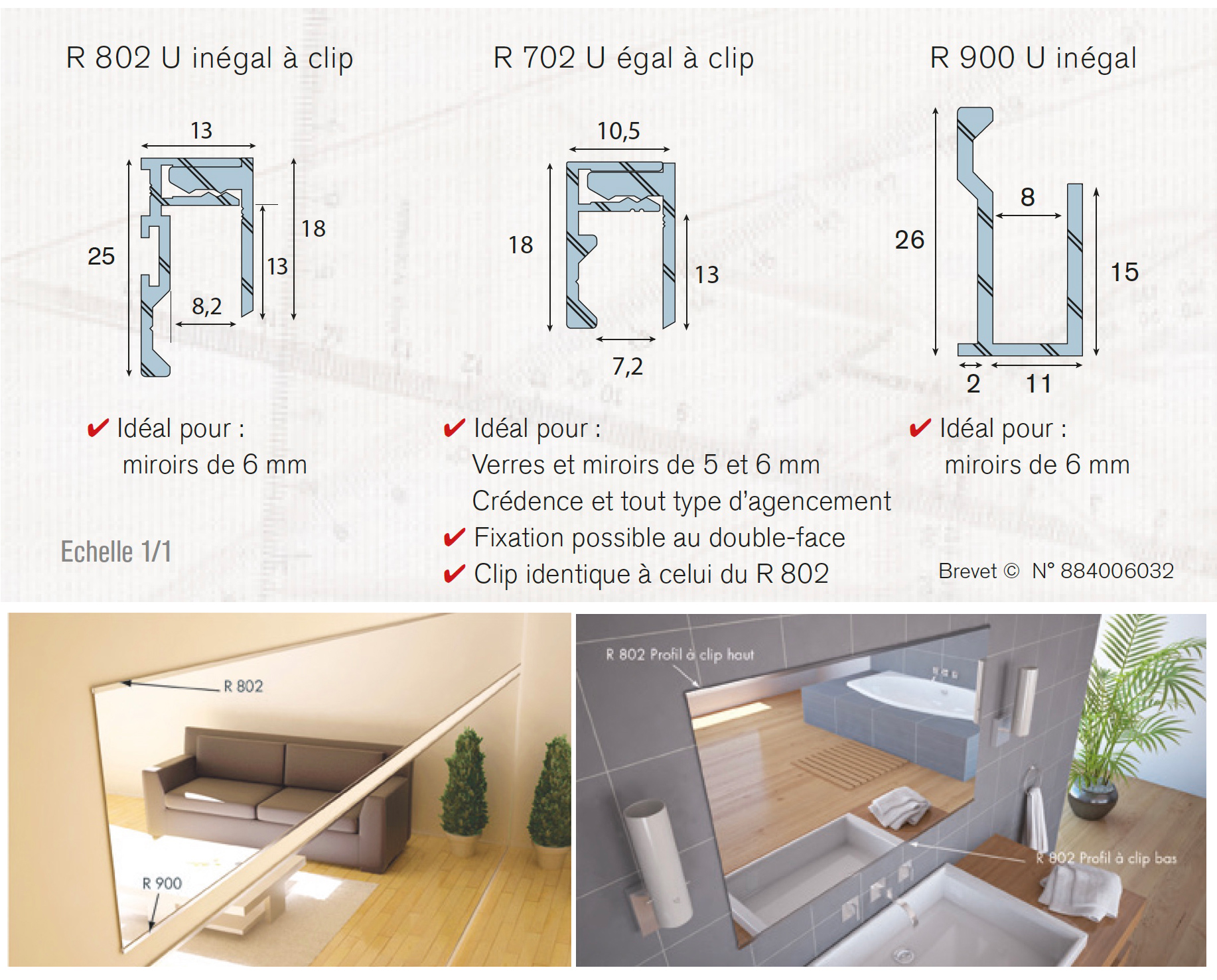 Profil pour fixation de miroir R702, R802, R900